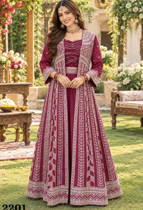 Embroidered Work Chinon Lehenga Choli In Maroon for Ceremonial